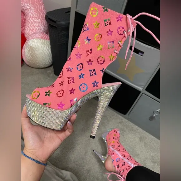 Bejeweled Rhinestone Platform Ankle Boots- Pink