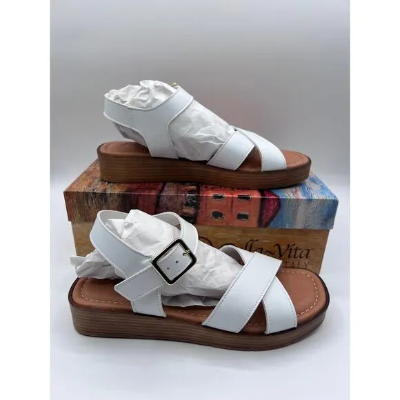 BELLA VITA SANDALS WOMENS 'CAR-ITALY' BUCKLE WEDGE WHITE LEATHER WOMENS 7M NEW