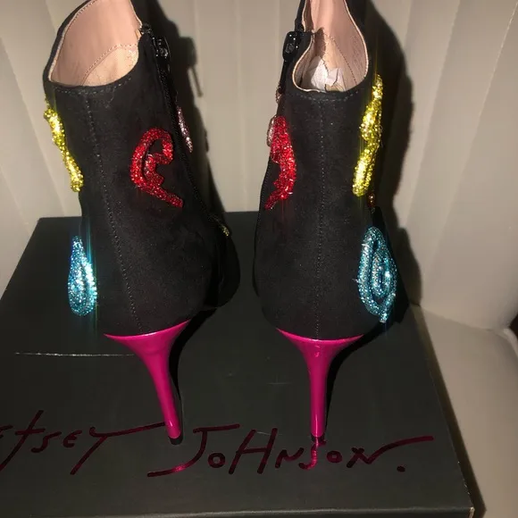 Betsey Johnson Black Boots with Colorful Floral Embellishments