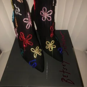 Betsey Johnson Black Boots with Colorful Floral Embellishments