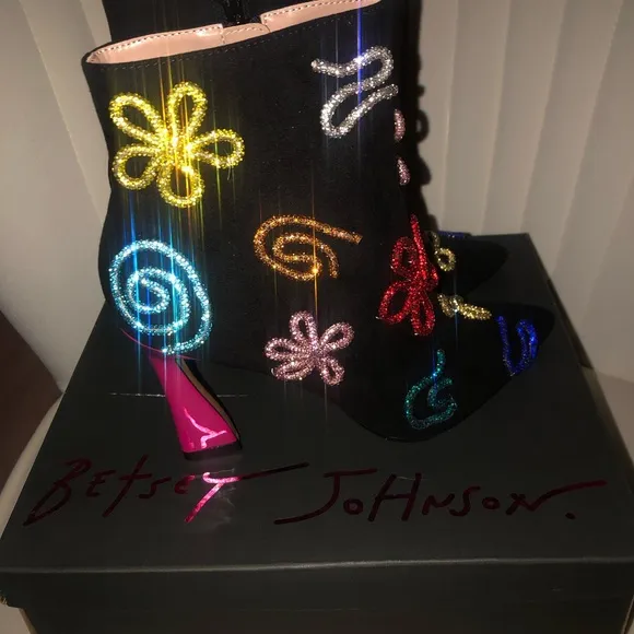 Betsey Johnson Black Boots with Colorful Floral Embellishments