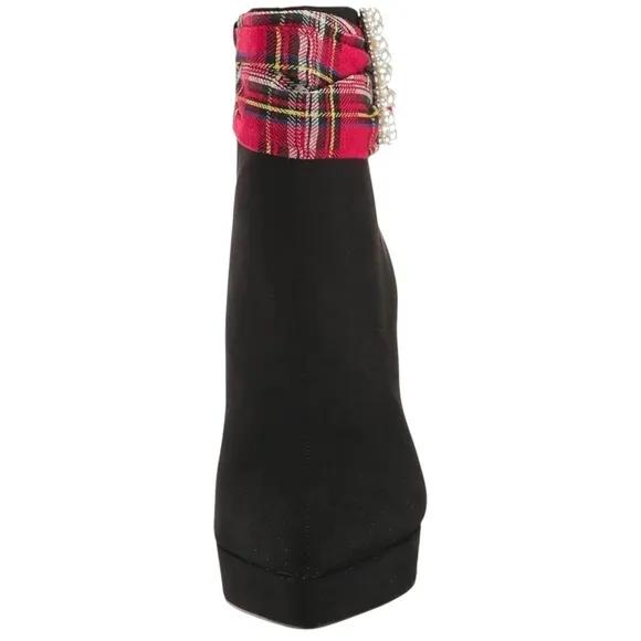 Betsey Johnson ISRIS Boot Red Plaid Trim Pearl Buckle READ DESCRIP…