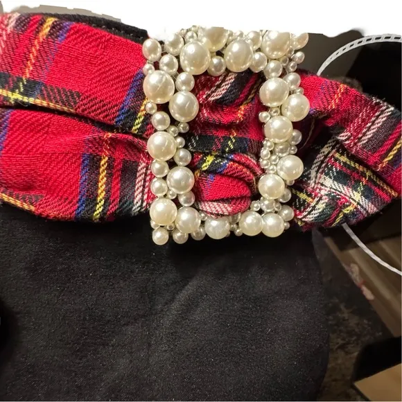 Betsey Johnson ISRIS Boot Red Plaid Trim Pearl Buckle READ DESCRIP…