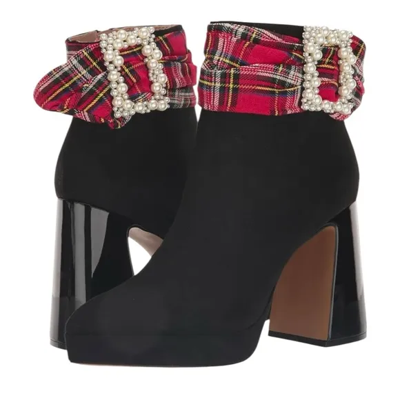Betsey Johnson ISRIS Boot Red Plaid Trim Pearl Buckle READ DESCRIP…