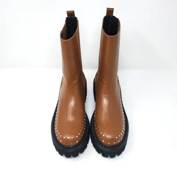 Bibi Lou Chay Boot Leather Studded Lug Sole Chelsea Boots Brown Size EU 37 US 6