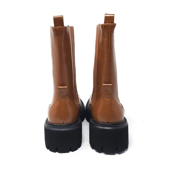 Bibi Lou Chay Boot Leather Studded Lug Sole Chelsea Boots Brown Size EU 37 US 6