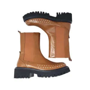 Bibi Lou Chay Boot Leather Studded Lug Sole Chelsea Boots Brown Size EU 37 US 6