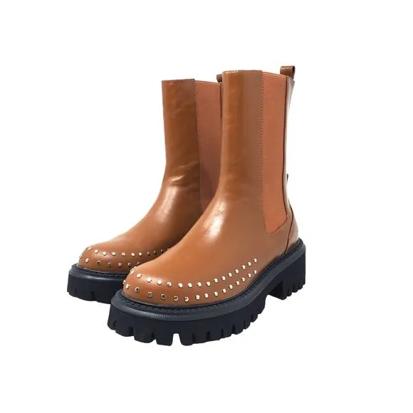 Bibi Lou Chay Boot Leather Studded Lug Sole Chelsea Boots Brown Size EU 37 US 6