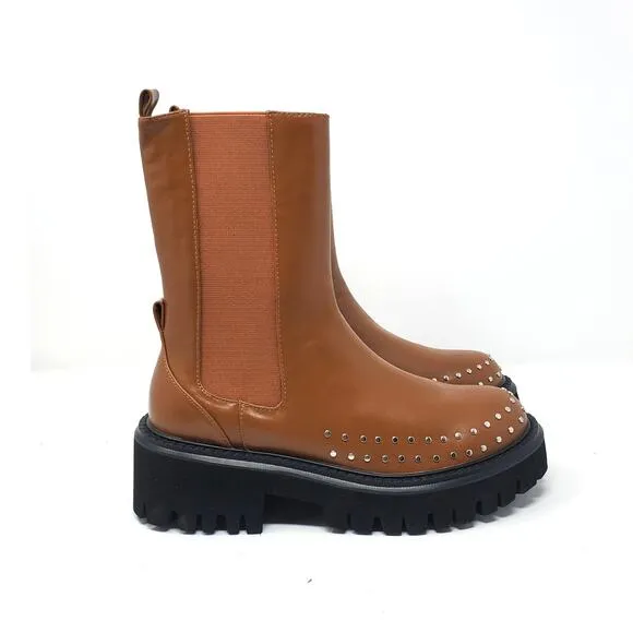 Bibi Lou Chay Boot Leather Studded Lug Sole Chelsea Boots Brown Size EU 37 US 6