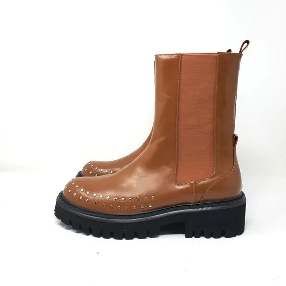 Bibi Lou Chay Boot Leather Studded Lug Sole Chelsea Boots Brown Size EU 41 US 10