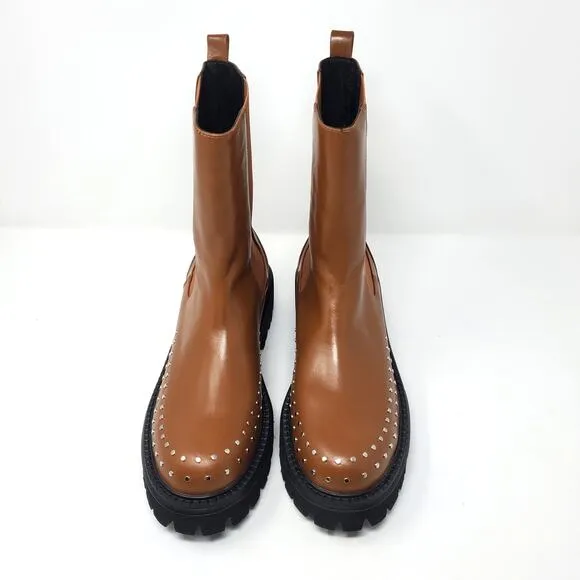Bibi Lou Chay Boot Leather Studded Lug Sole Chelsea Boots Brown Size EU 41 US 10