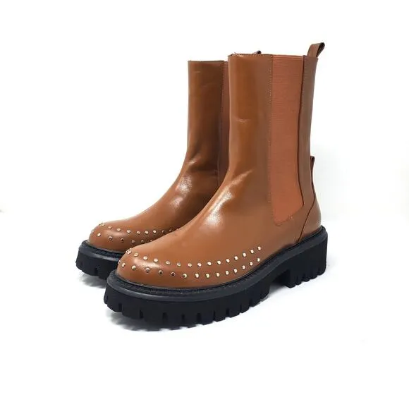 Bibi Lou Chay Boot Leather Studded Lug Sole Chelsea Boots Brown Size EU 41 US 10