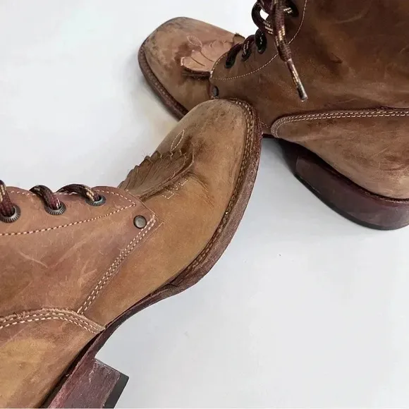 Big Bull Tan Leather Distressed Western Lace Up Combat Boots Size Women’s 8.5