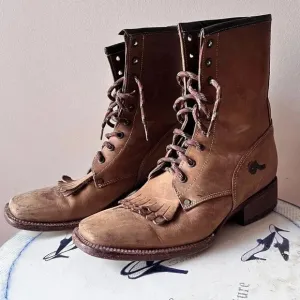 Big Bull Tan Leather Distressed Western Lace Up Combat Boots Size Women’s 8.5