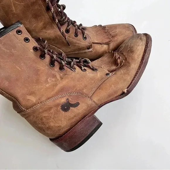 Big Bull Tan Leather Distressed Western Lace Up Combat Boots Size Women’s 8.5