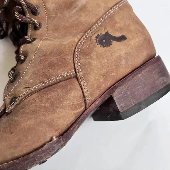 Big Bull Tan Leather Distressed Western Lace Up Combat Boots Size Women’s 8.5