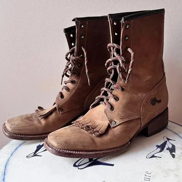 Big Bull Tan Leather Distressed Western Lace Up Combat Boots Size Women’s 8.5