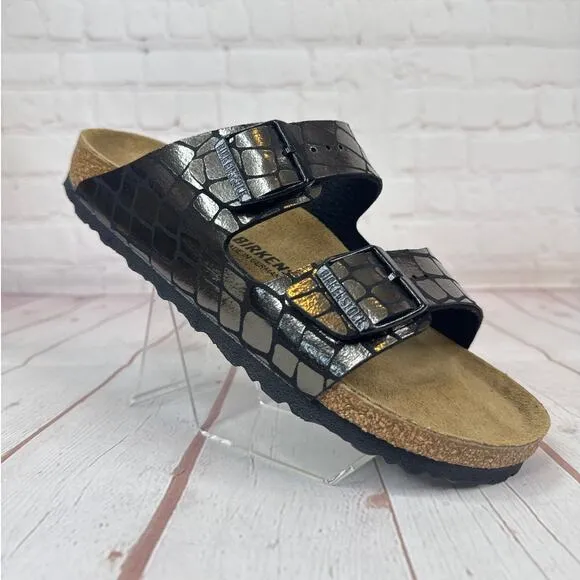 Birkenstock Arizona Gator Gleam Two Strap Black Sandals Mens Sz 8/Women’s Sz 10