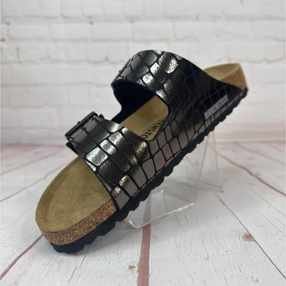 Birkenstock Arizona Gator Gleam Two Strap Black Sandals Mens Sz 8/Women’s Sz 10