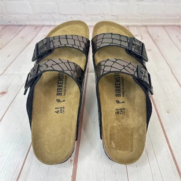 Birkenstock Arizona Gator Gleam Two Strap Black Sandals Mens Sz 8/Women’s Sz 10