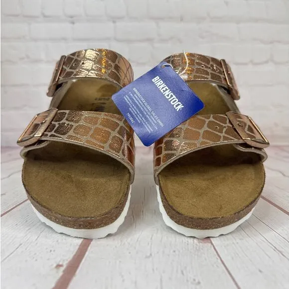Birkenstock Arizona Gator Gleam Two Strap Copper Sandals Mens Sz 4/Women’s Sz 6