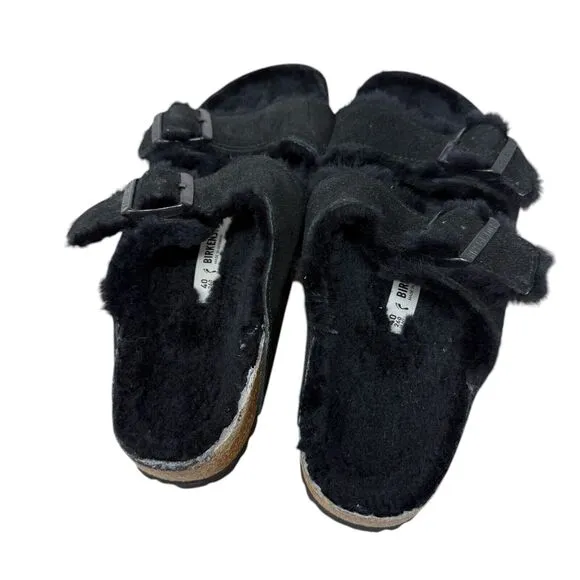 Birkenstock Arizona Shearling Fur Suede Sandals City Black Womens 40 US 9