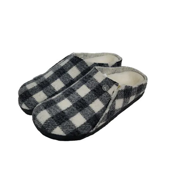 Birkenstock Zermatt Shearling Sabot Slip On Shoes in Black &amp; White Plaid Girls 1