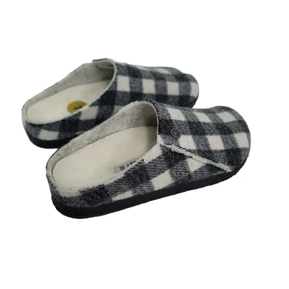 Birkenstock Zermatt Shearling Sabot Slip On Shoes in Black &amp; White Plaid Girls 1