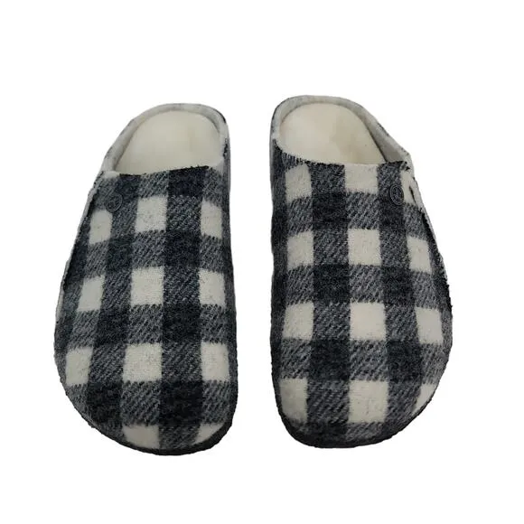 Birkenstock Zermatt Shearling Sabot Slip On Shoes in Black &amp; White Plaid Girls 1