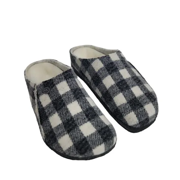 Birkenstock Zermatt Shearling Sabot Slip On Shoes in Black &amp; White Plaid Girls 1