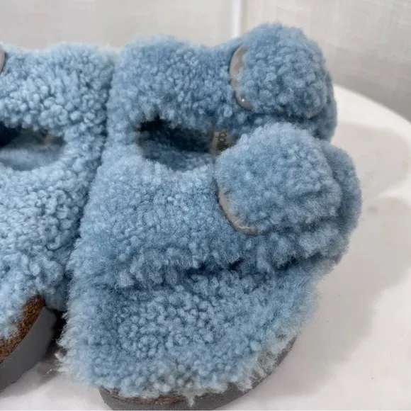 Birkenstocks NWT Papillio Platform Arizona Teddy Slide Sandals Blue Size 38/7