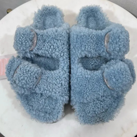 Birkenstocks NWT Papillio Platform Arizona Teddy Slide Sandals Blue Size 38/7