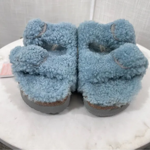 Birkenstocks NWT Papillio Platform Arizona Teddy Slide Sandals Blue Size 38/7