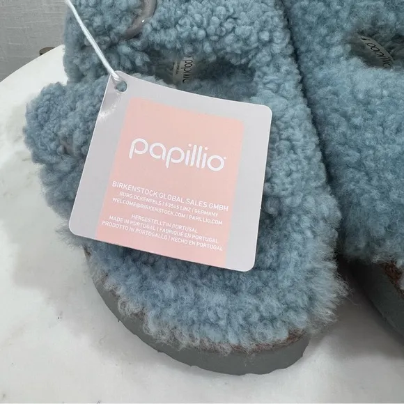 Birkenstocks NWT Papillio Platform Arizona Teddy Slide Sandals Blue Size 38/7