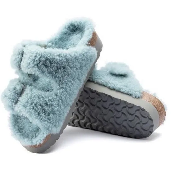 Birkenstocks NWT Papillio Platform Arizona Teddy Slide Sandals Blue Size 38/7