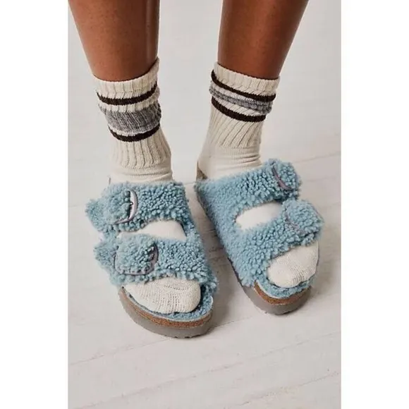 Birkenstocks NWT Papillio Platform Arizona Teddy Slide Sandals Blue Size 38/7