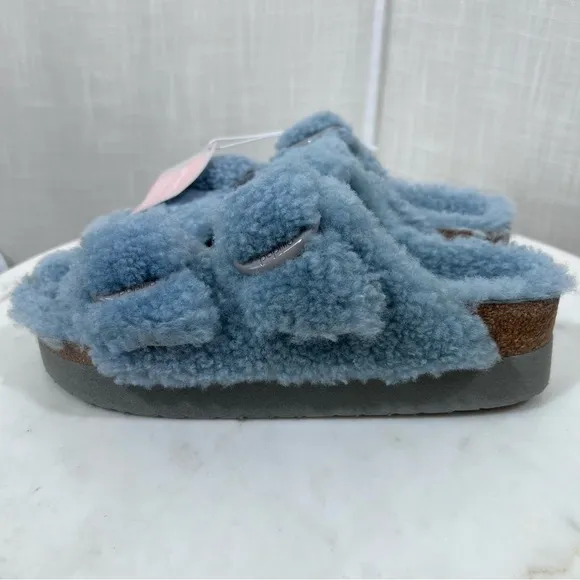 Birkenstocks NWT Papillio Platform Arizona Teddy Slide Sandals Blue Size 38/7