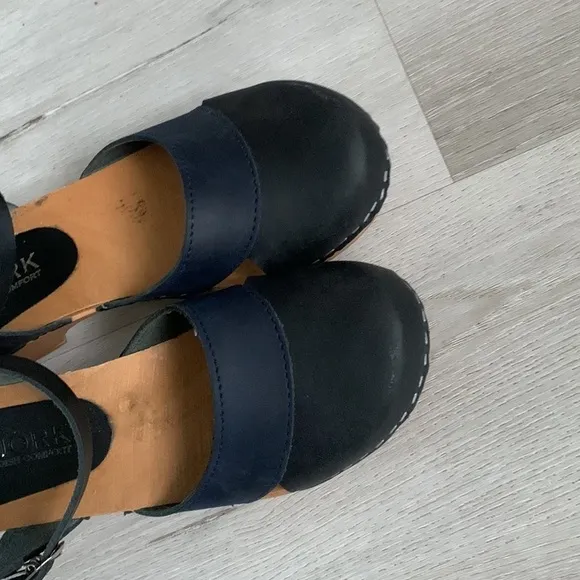 BJORK Mila Swedish comfort Wood Clog Sandals Sz 37 two tones wedges boho leather