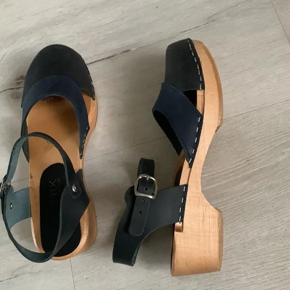 BJORK Mila Swedish comfort Wood Clog Sandals Sz 37 two tones wedges boho leather