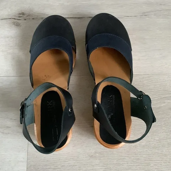 BJORK Mila Swedish comfort Wood Clog Sandals Sz 37 two tones wedges boho leather