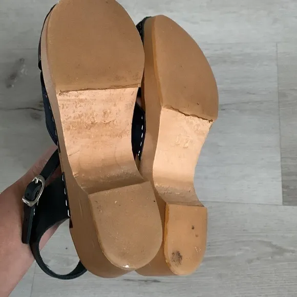 BJORK Mila Swedish comfort Wood Clog Sandals Sz 37 two tones wedges boho leather