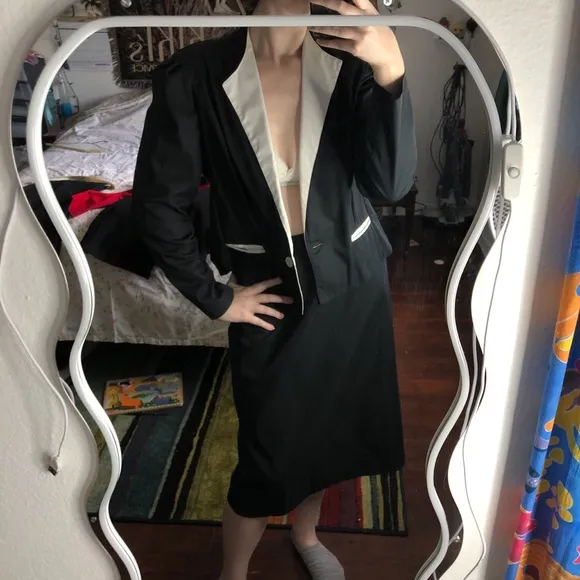Black and white vintage skirt blazer suit set with a touch of glamour