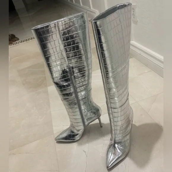 Black Suede Studio Silver Crocodile-Embossed Knee-High Boots Size 38.5