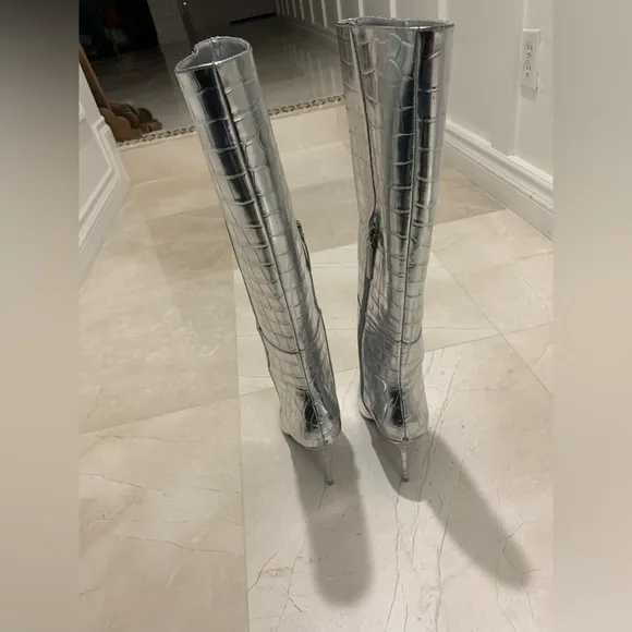 Black Suede Studio Silver Crocodile-Embossed Knee-High Boots Size 38.5