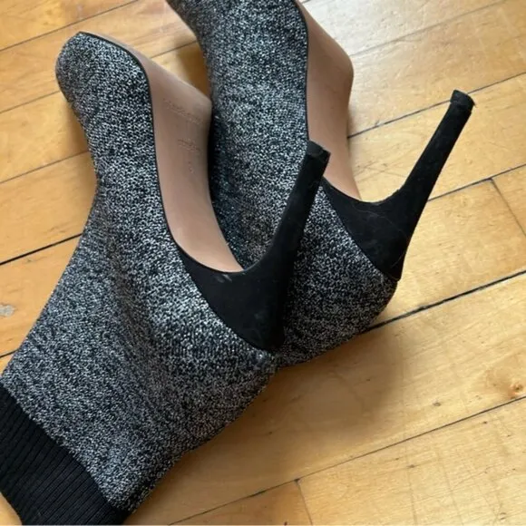 Black Suede Studio Sz 9 Metallic Silver Pointy Toes Sock High Heels Boots