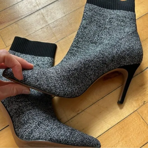 Black Suede Studio Sz 9 Metallic Silver Pointy Toes Sock High Heels Boots