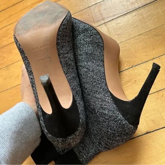Black Suede Studio Sz 9 Metallic Silver Pointy Toes Sock High Heels Boots