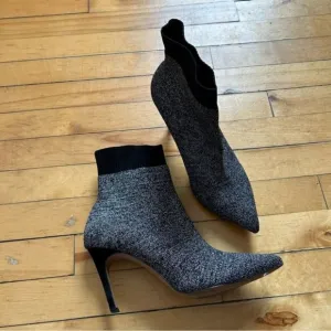 Black Suede Studio Sz 9 Metallic Silver Pointy Toes Sock High Heels Boots