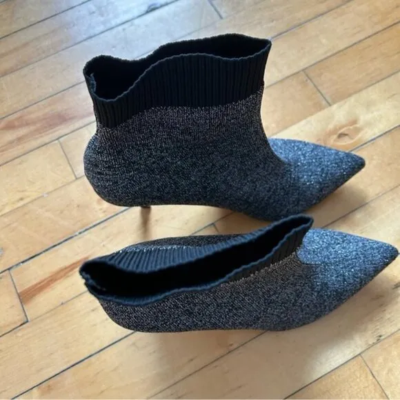 Black Suede Studio Sz 9 Metallic Silver Pointy Toes Sock High Heels Boots