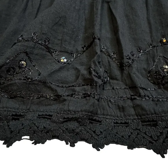 Black Tiered Vintage Retro Boho Broomstick Maxi Skirt One Size Crochet Sequins